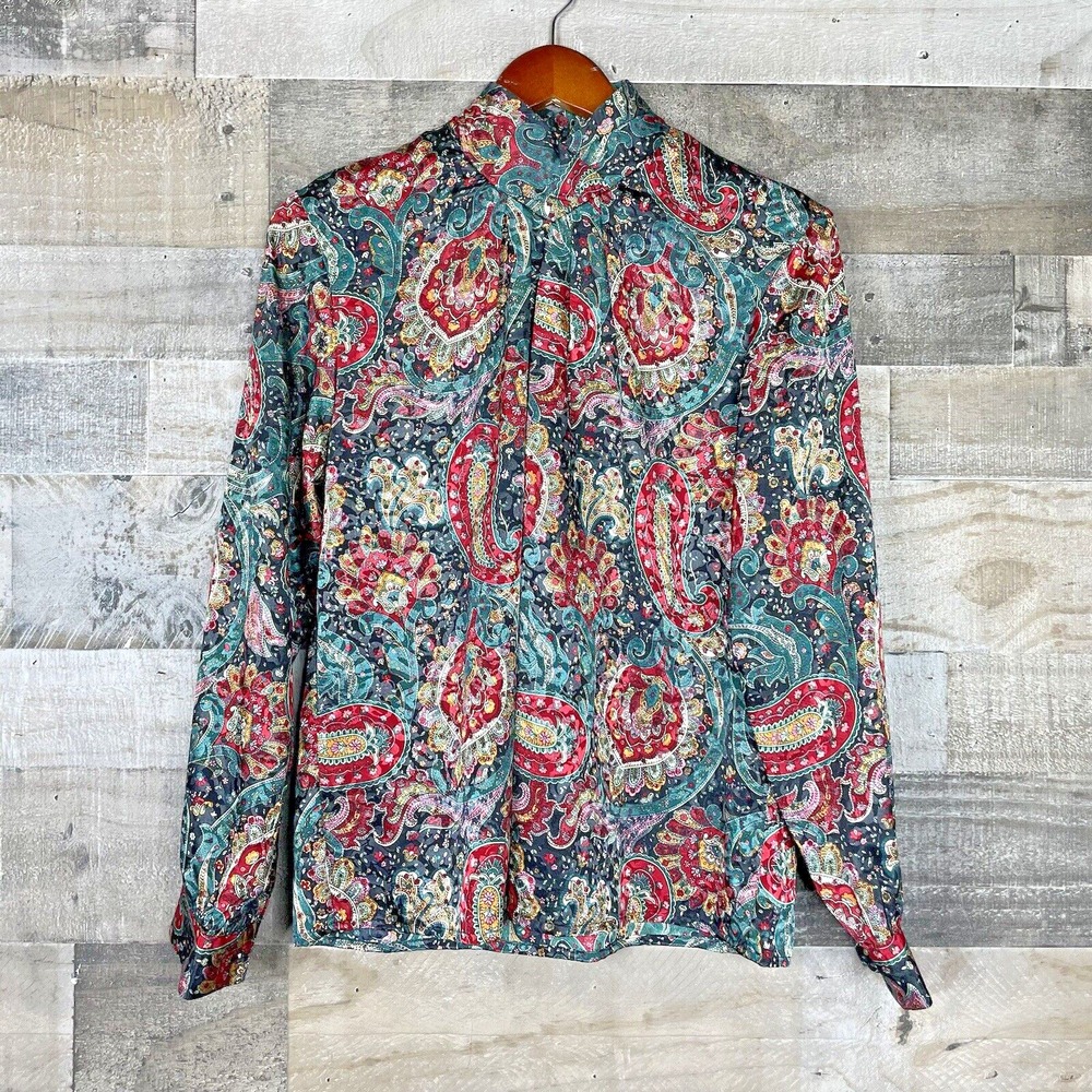VTG Notations Womens Modest Blouse Size 8 Black Floral‎ Paisley Long Sleeve Pads